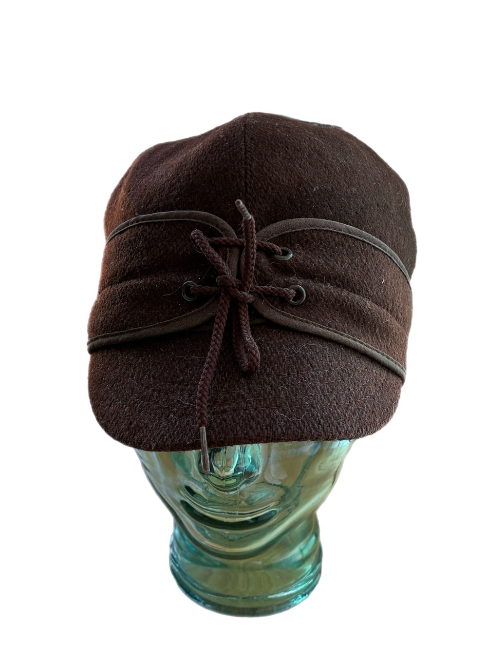 Vintage Brown Wool Railroad Tie Cap Hat Classic Front Lace Toggle Winter USA Med